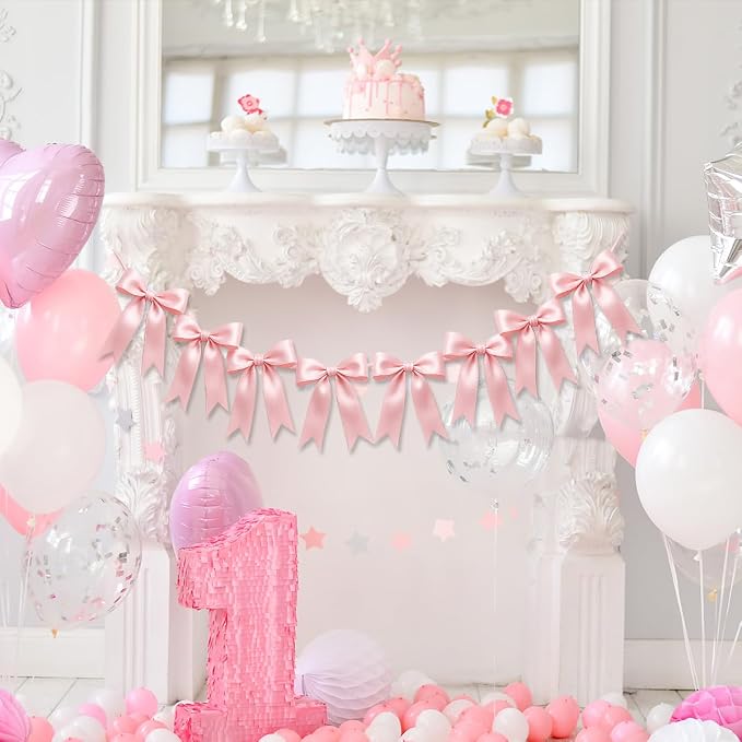 1 String of 8PCS Pink Bow Garland Banner Decoration, Pre-Strung Satin Ribbon - Image 9