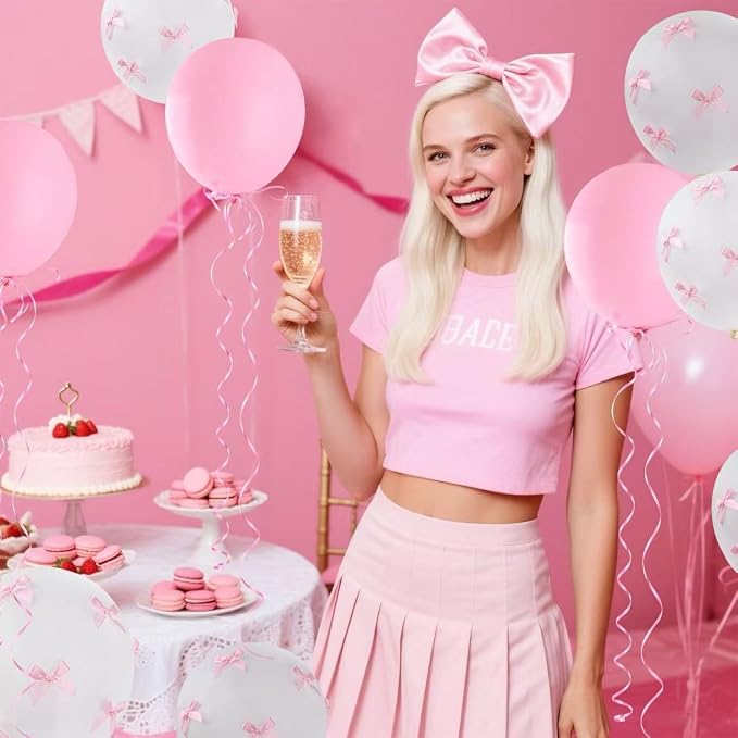 Pink Bow Balloons,32Pcs White Pink Balloons & 100Pcs Mini Ribbon Bows DIY Bow - Image 7