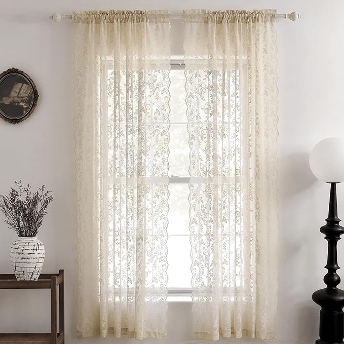FINECITY Beige Lace Curtains for Bedroom Rustic Floral W52xL54 Inch 2-Panel | - Image 8