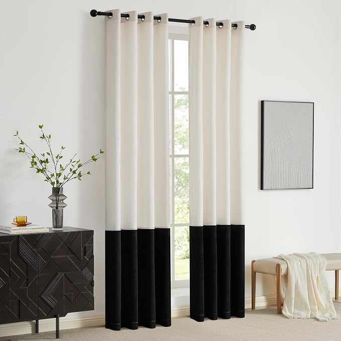 Modern Cream White Black Decorative Velvet Curtains 96 inches 2 Panels | Color - Image 7