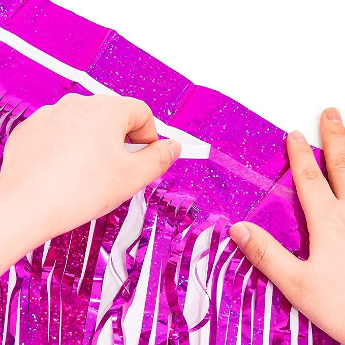 BRAVESHINE Hot Pink Foil Fringe Curtains,Metallic Party Streamers Backdrop | 2 - Image 9