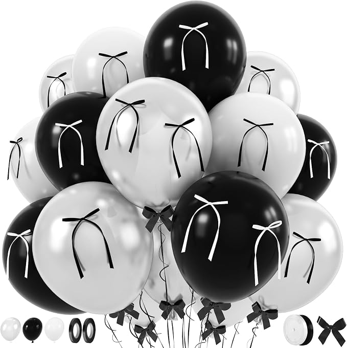 Black and White Bow Balloons 60pcs, Pearl White Black Balloons - Image 9