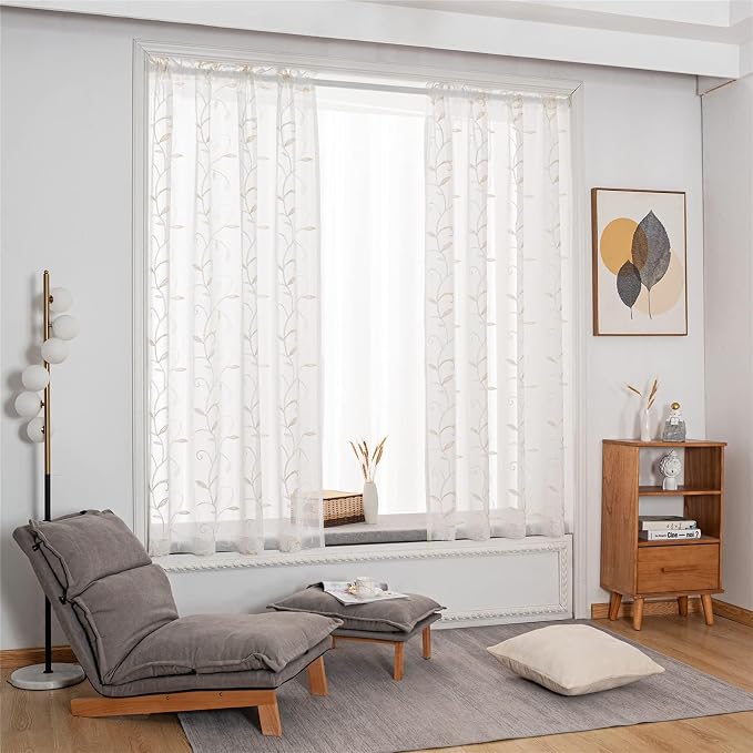 White Sheer Curtains Beige Embroidered Leaves 2 Panels 54Wx120L | Light - Image 6