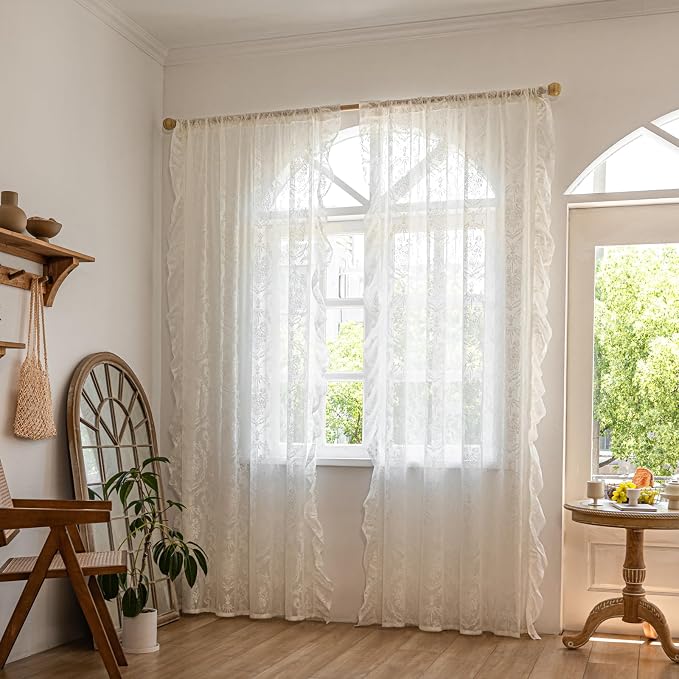 Deeprove Ivory Lace Boho Sheer Curtains Cottage 2 Panels 96 inches Long - Image 9