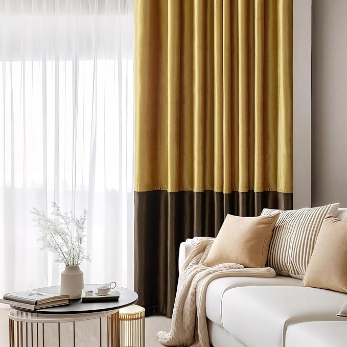 Gold Brown Velvet Blackout Curtains Luxury Decor 108 inches, Color Block | - Image 7
