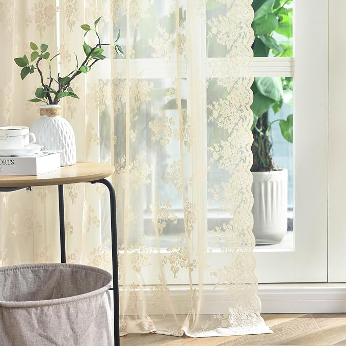 Kotile Beige Sheer Lace Curtains - Image 9