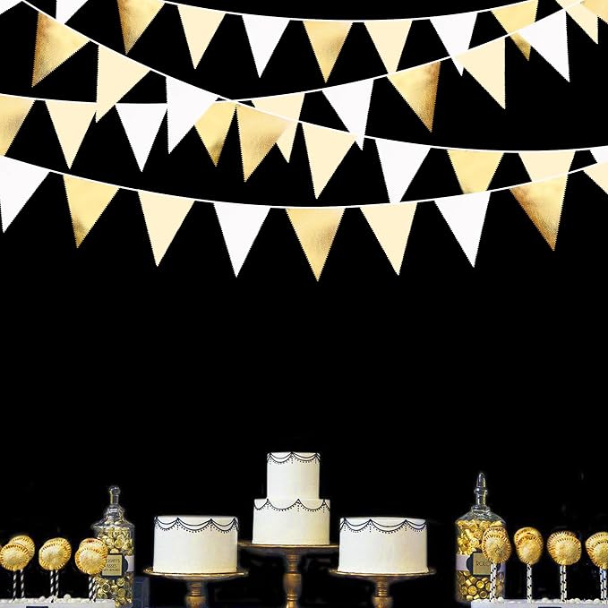 White and Gold Party Decorations Gold Beige White Fabric Triangle Pennant - Image 7