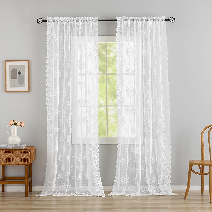 Kotile White Floral Lace Curtains - Image 9