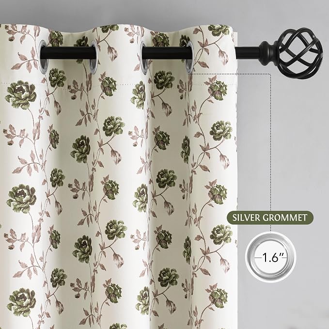 Beauoop Floral 100% Blackout Curtains Bedroom Green Brown 52x63 2 Panels | Rose - Image 9