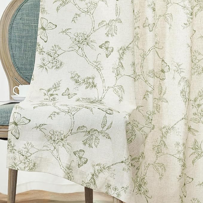 Green Floral Linen Curtains Farmhouse Rod Pocket 50W X 63L 2 Panels | Charlotte - Image 9