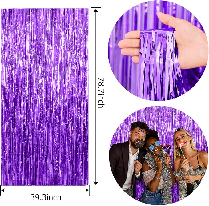 2 Pack Foil Curtain Backdrop Purple Metallic Tinsel Foil Fringe Curtains Photo - Image 7