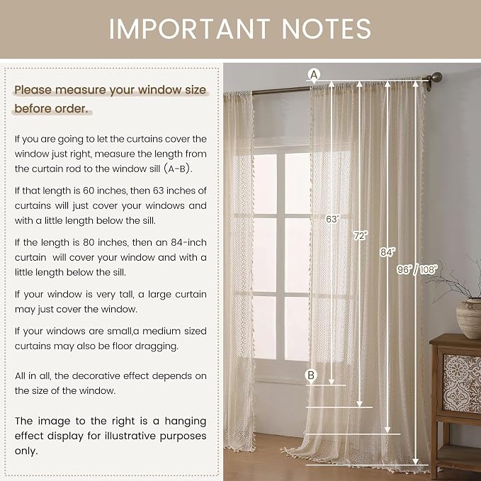 WAZZIO Boho Lace Curtains 105 Inch 2 Panel, Light Filtering Privacy Tassel & - Image 9