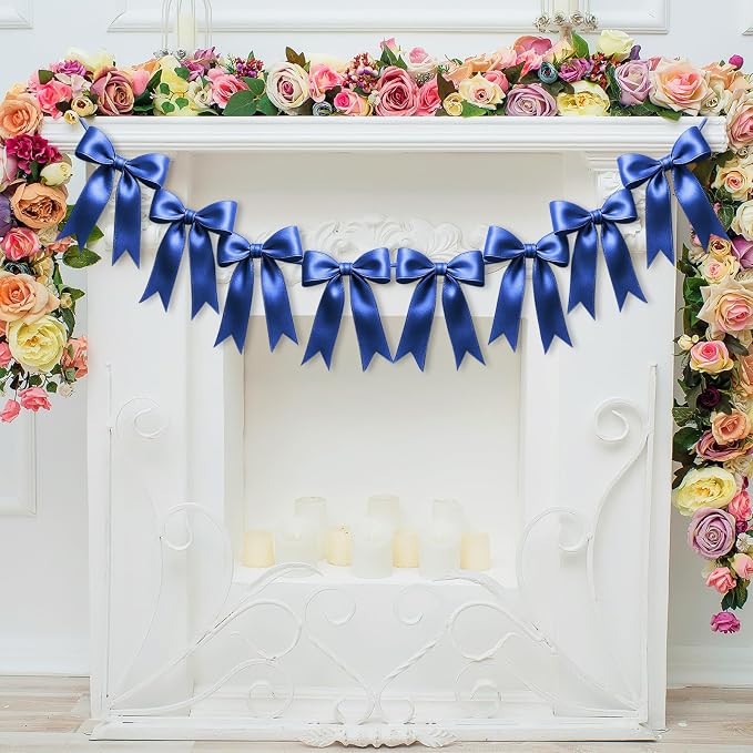 2 Strings of 16PCS Navy Blue Bow Garlands Banner Decoration, Pre-Strung Satin - Image 8
