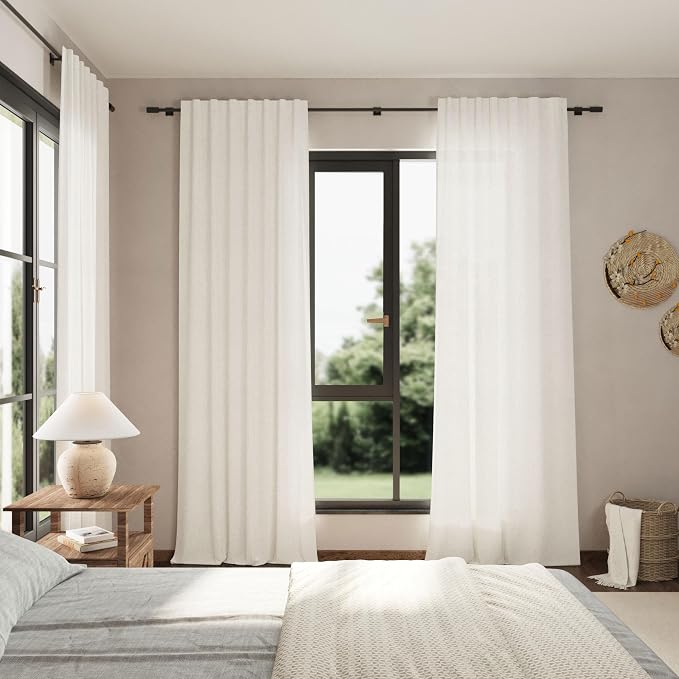 Beige White Linen Curtains 96 Inches Long 2 Panels Set - Image 7