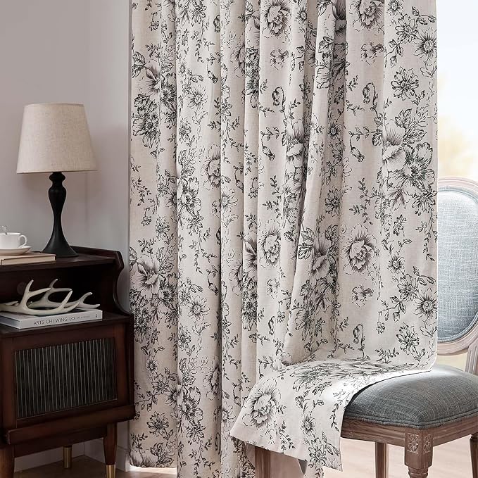 jinchan Black Floral Linen Blackout Curtains 84 Inch Back Tab 2 Panels | - Image 8