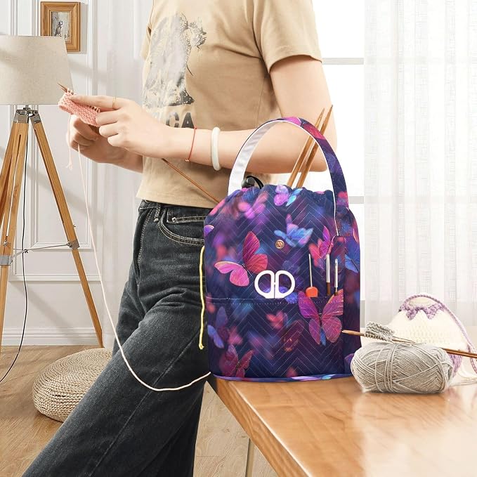 Purple Red Butterfly Yarn Bag Small Crochet Bag Drawstring Yarn Storage - Image 6