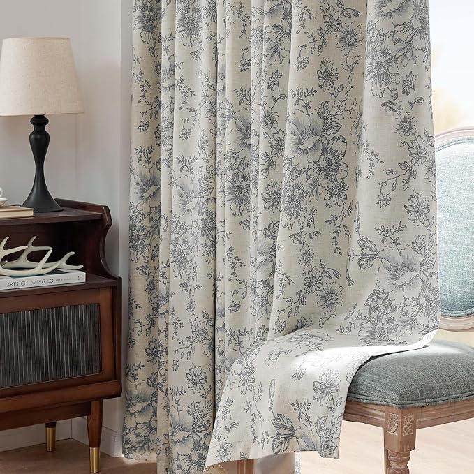 jinchan Grey Floral Linen Blackout Curtains Lined 96 Inch Back Tab 2 Panels | - Image 8