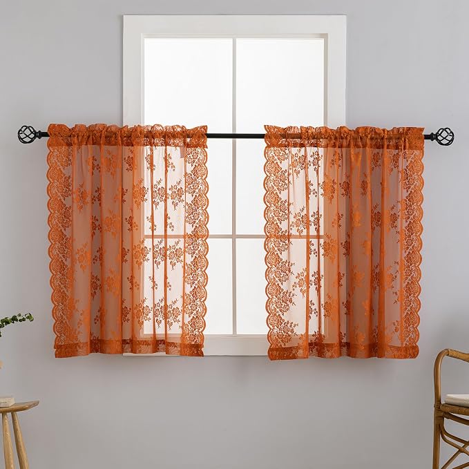 Kotile Burnt Orange Floral Sheer Curtains - Image 9