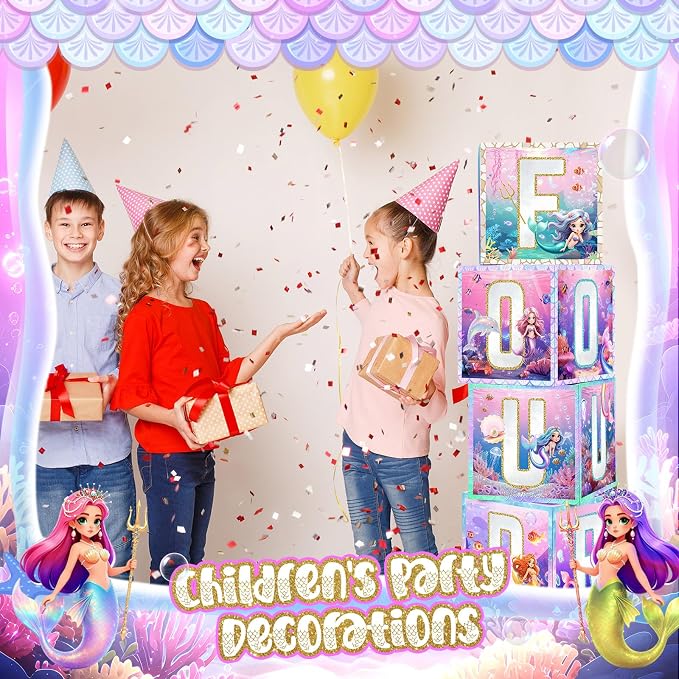 4 Pcs 4th Mermaid Birthday Decorations Four Birthday Balloon Boxes Mermaid - Image 6