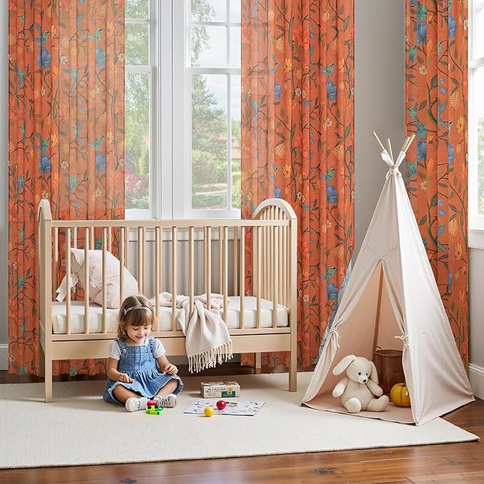 Terracotta Floral Linen Curtains, Boho Whimsical Bird Print Curtains - Image 9