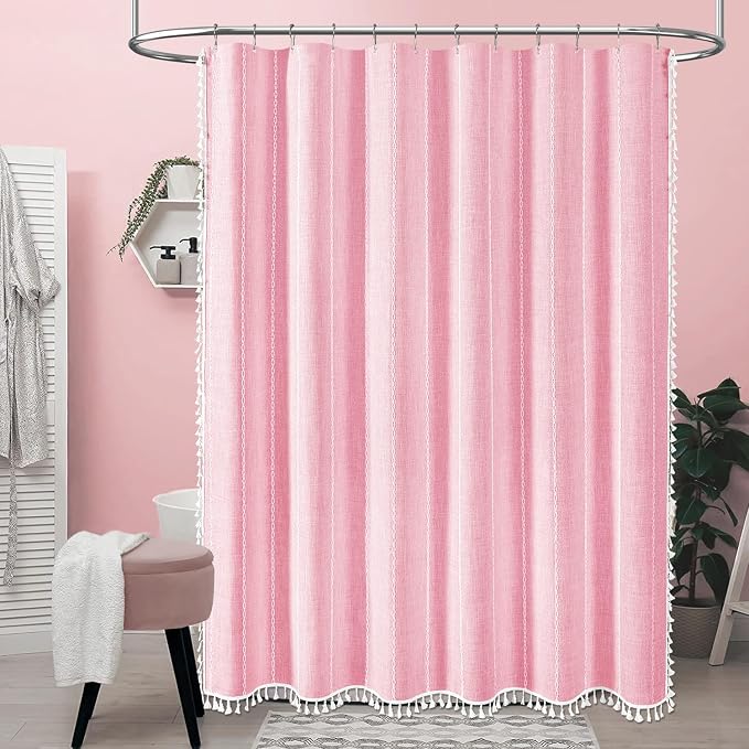 72x96 Extra Long Boho Linen Heavy Duty Shower Curtain Set, Blush Pink | Extra - Image 6