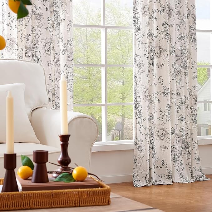 jinchan Black Floral Linen Curtains 84 Inch Vintage Back Tab 2 Panels | Light - Image 7