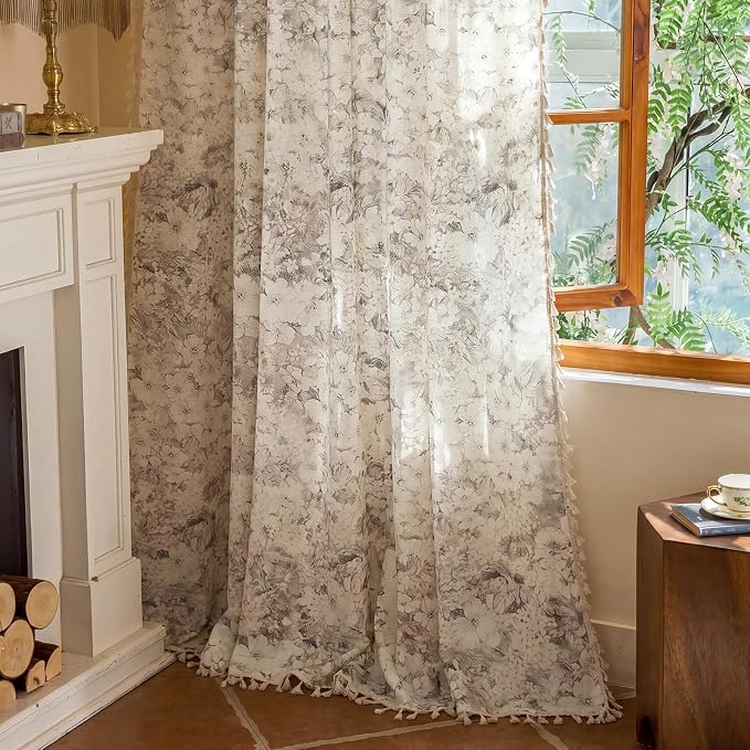 Floral Semi Sheer Rod Pocket 96 Inch Curtains 2 Panel Set - Image 7