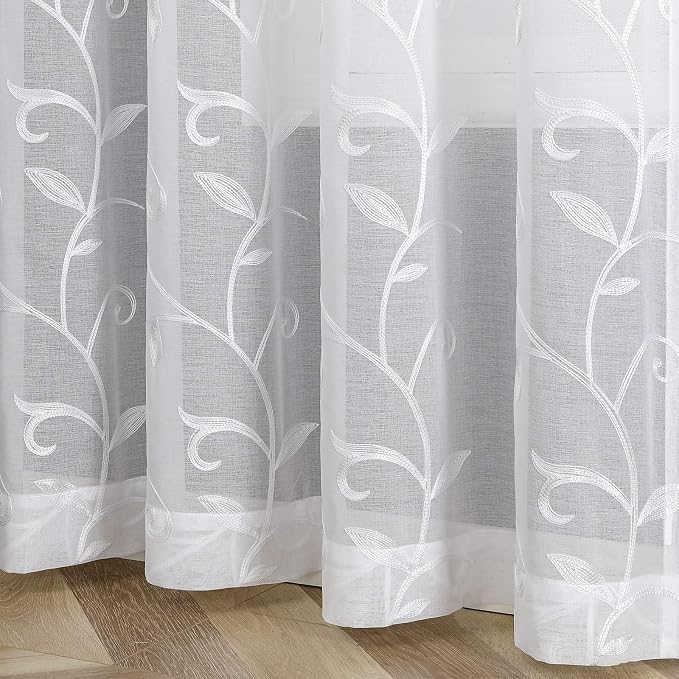 White Sheer Curtains Embroidered Leaves 2 Panels 54Wx54L | Light Filtering - Image 6
