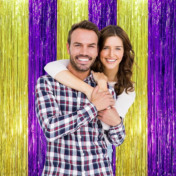 Voircoloria Purple Gold Foil Fringe Backdrop Curtains, 3 Pack | Tinsel Streamers - Image 7