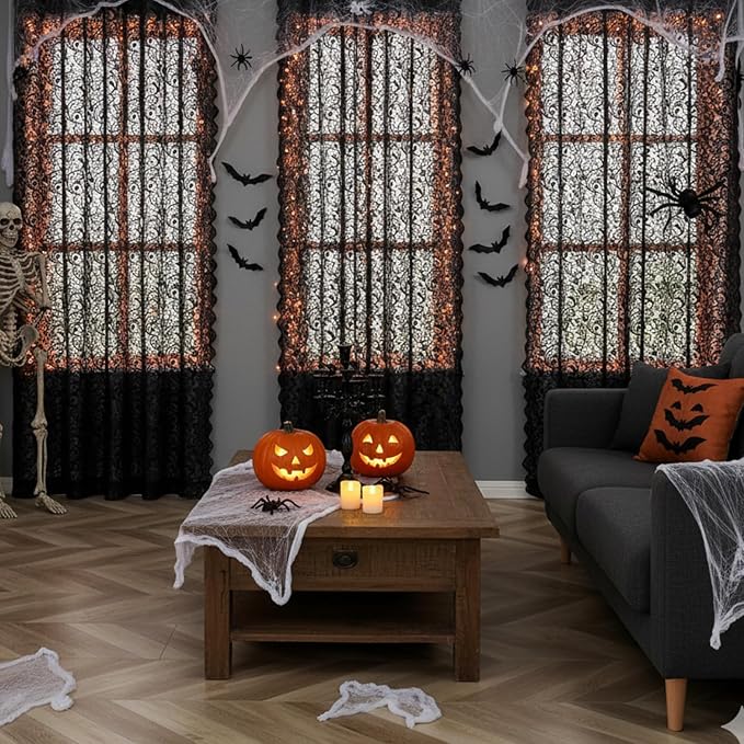 Bujasso Black Sheer Lace Curtains 90 inch Vintage Floral Sheer Gothic Curtain - Image 8