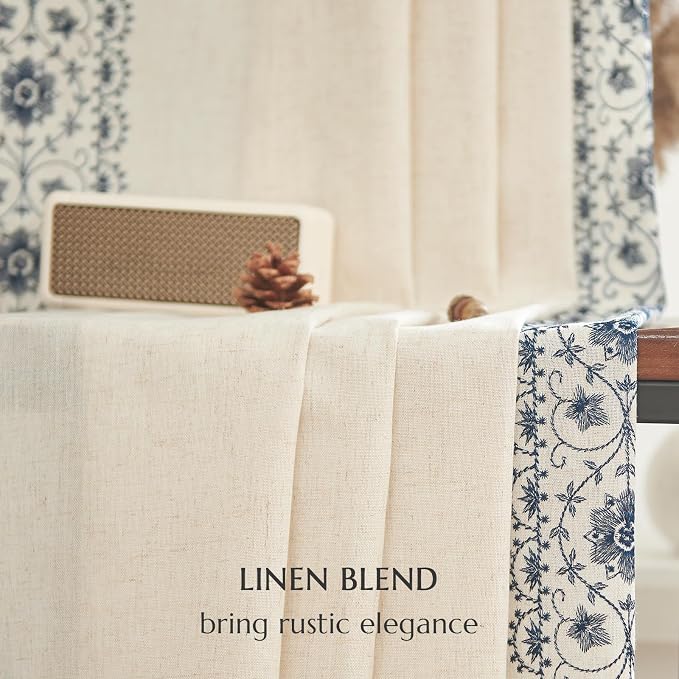 jinchan Floral Linen Curtains Embroidered Back Tab 50x72in 2 Panels Blue | - Image 9