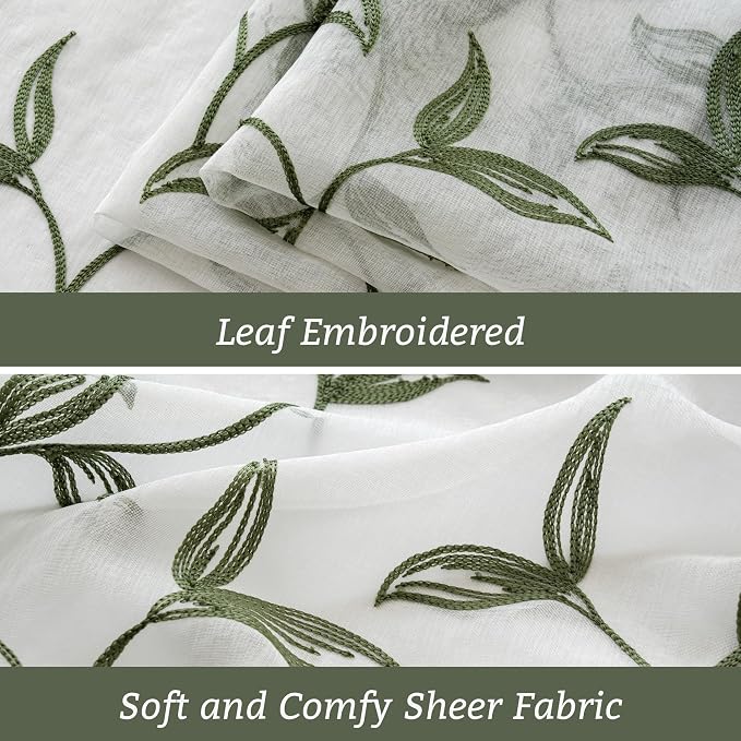 Sheer Curtains Boho Leaf Floral Embroidered Green 54Wx90L | Light Filtering - Image 8