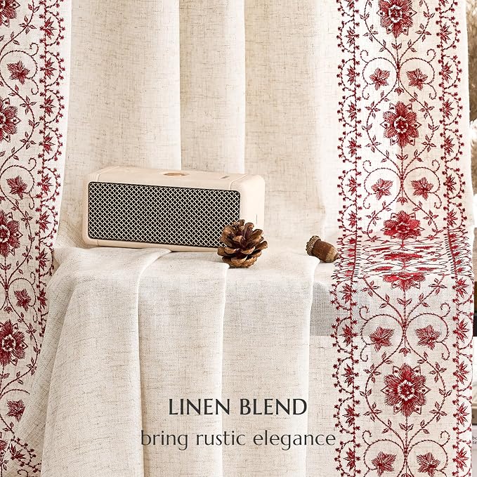 jinchan Floral Linen Curtains Embroidered Back Tab 50x63in 2 Panels Red | Light - Image 9