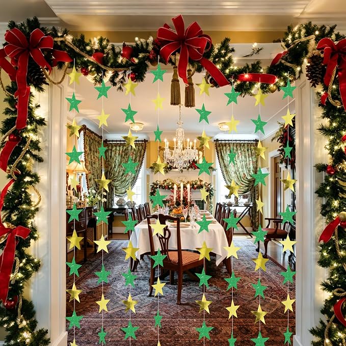 BEISHIDA Glitter Star Garland Banner Decor Green Gold Hanging Decorations - Image 6