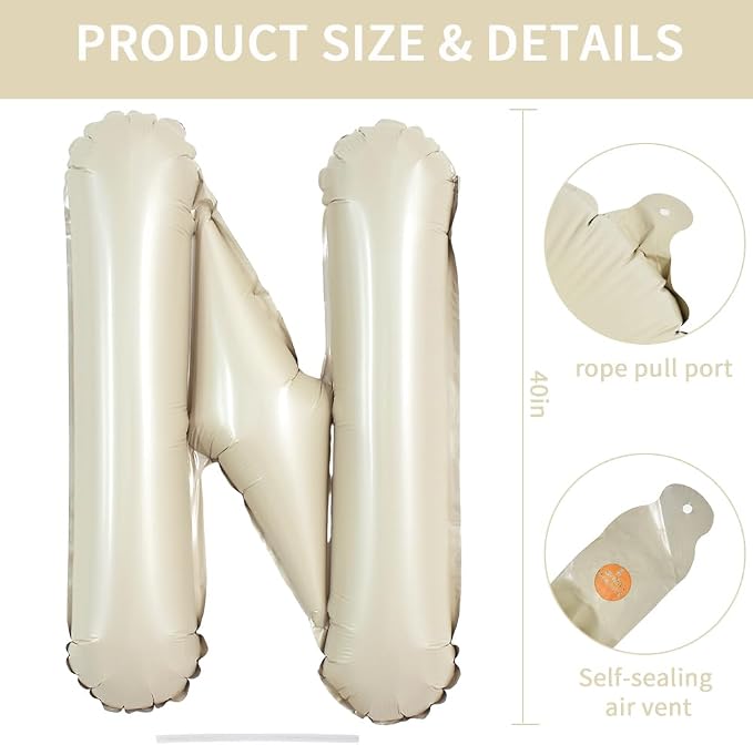 TONIFUL 40 Inch Large Cream White N Letter Balloon, Self Sealing, Anniversary - Image 2