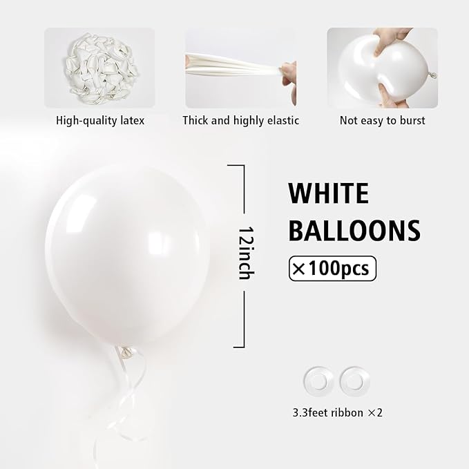 BAUANOOY 100pcs White Balloons 12 inch - Image 2