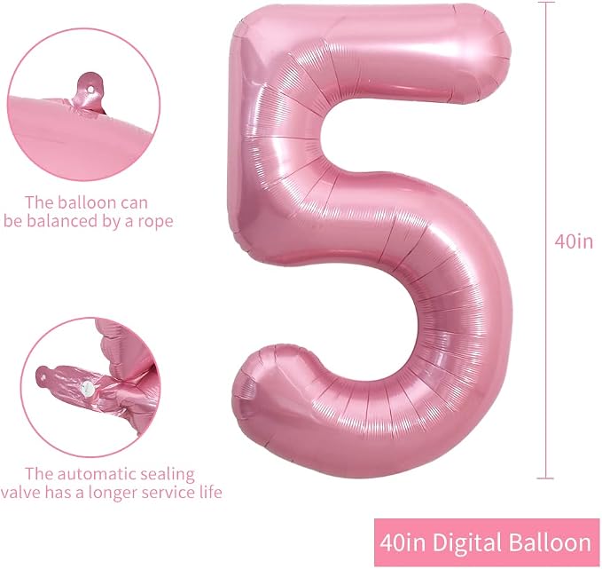 TONIFUL 40 Inch Pink Number 5 Balloons Large Foil 5th Birthday Decorations | - Image 2