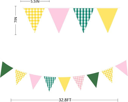 32Ft Camp Bride Party Decorations Pink Green Yellow Gingham Fabric Triangle - Image 3