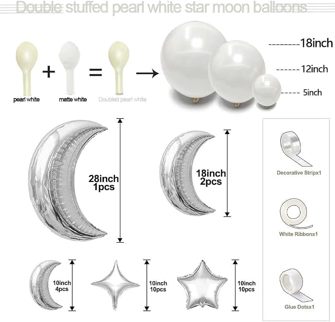 White Balloons Arch Double Stuffed Pearl White Star Moon Balloon Garland - Image 3