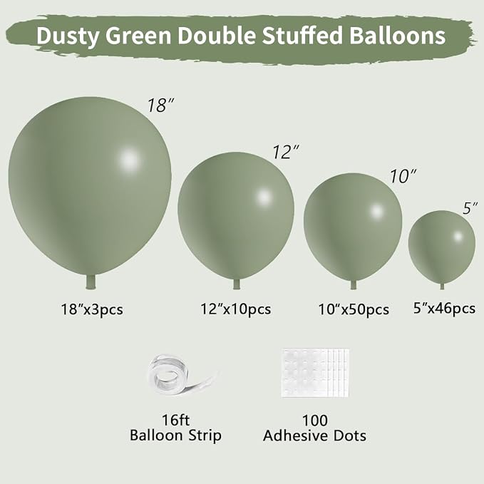 Dusty Green Double Stuffed Balloons Different Size 115Pcs 5/10/12/18" Sage - Image 2
