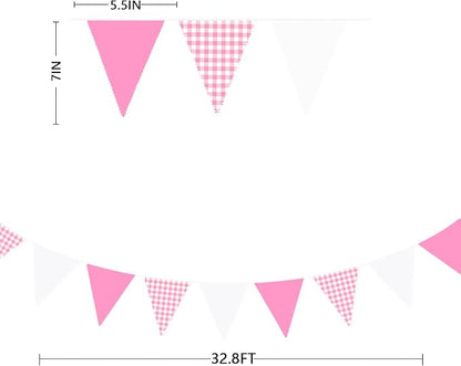 32Ft Hot Pink Plaid Checkered Pennant Banner Fabric Gingham Triangle Flag - Image 6