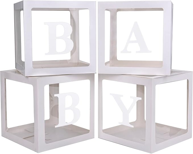 Baby Boxes with 4 PCS Letters for Baby Shower White Clear Balloon Box Blocks by PABUES