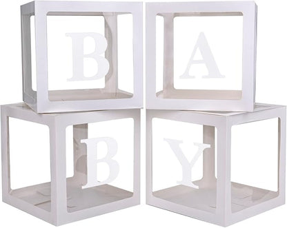 Baby Boxes with 4 PCS Letters for Baby Shower White Clear Balloon Box Blocks by PABUES