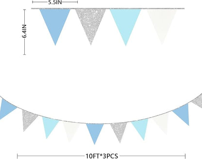 Dusty Blue Silver White Party Decorations Pennant Banner Flag Hanging Glitter - Image 2