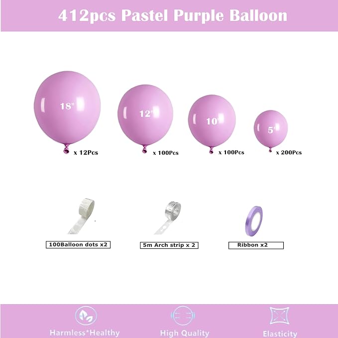 412pcs Pastel Purple Balloon Garland Arch Kit 18 12 10 5 Inch Different Sizes - Image 2