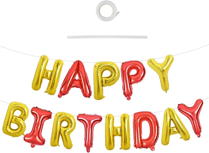 TONIFUL 16 Inch Red Gold Happy Birthday Balloons Banner Decor by TONIFUL
