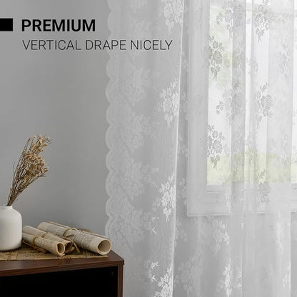 Kotile White Lace Curtains for Kitchen Windows W52 x L45 Inch, 2 Panels | Rod - Image 4