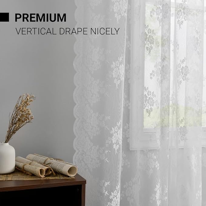 Kotile White Lace Curtains for Living Room Floral 52 x 84 Inch, 2 Panels | Rod - Image 6