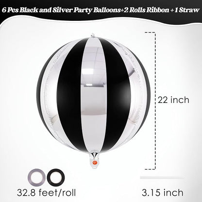 Black and Silver Striped Balloons, 22 Inch Metallic Round Foil Balloons - Image 2