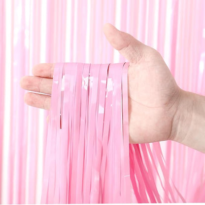 Voircoloria Pastel Pink Foil Fringe Backdrop Curtains, 3 Pack | Tinsel Streamers - Image 2